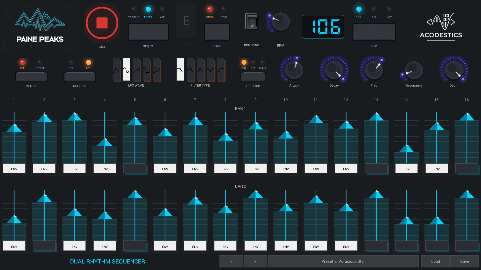 Paine Peaks user interface - Classic hardware-inspired VST plugin alternative to 2000s multi-FX sequencers